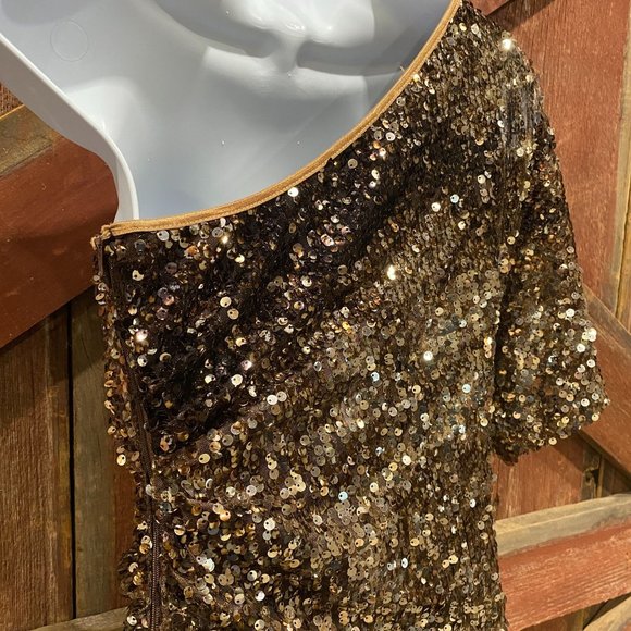 Brown Sequined Mini Dress One Shoulder Size 7 Medium Stretch Short Sleeve - Picture 8 of 13